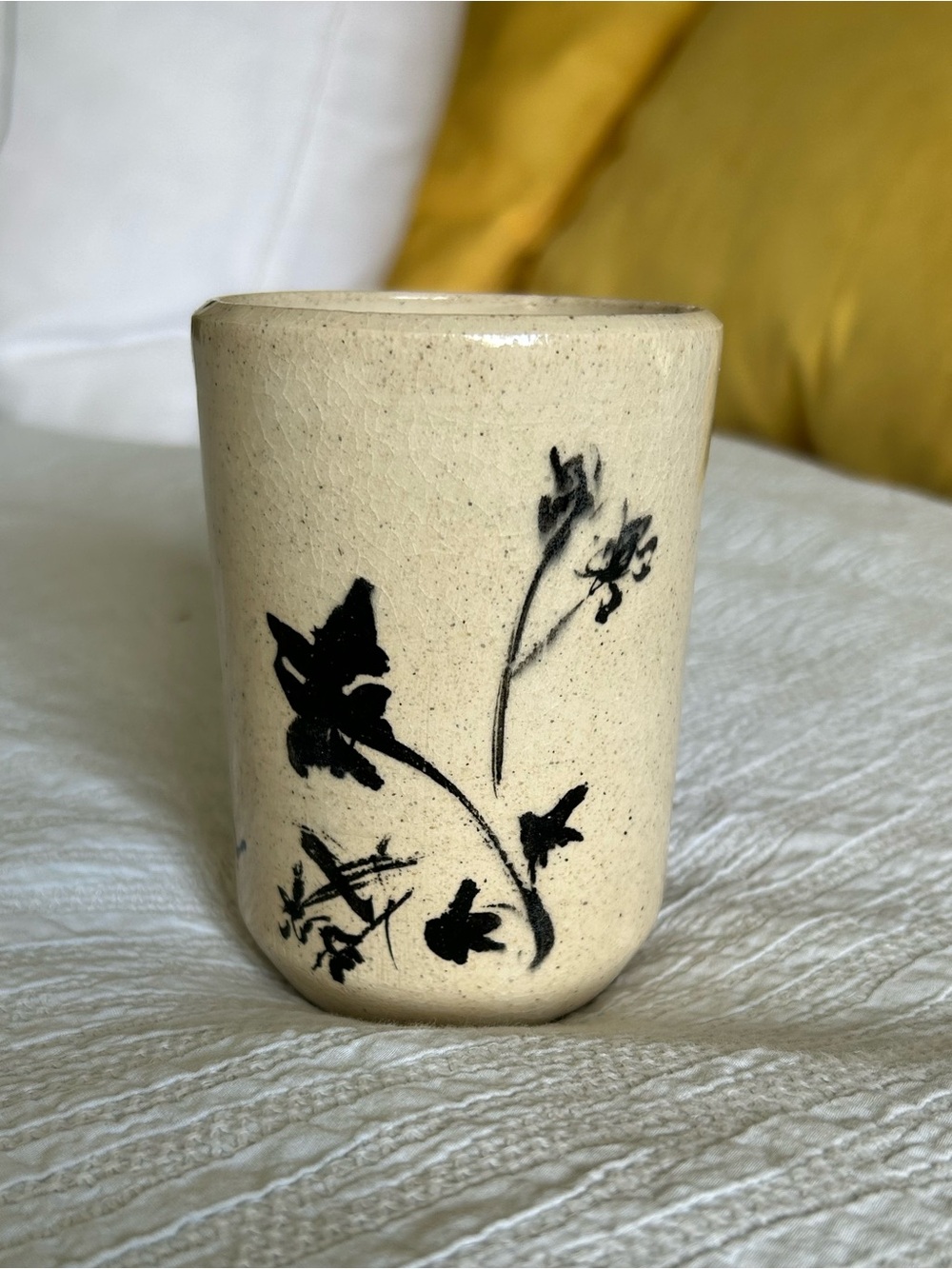 Handmade Ceramic Tumbler with Black Floral Motif